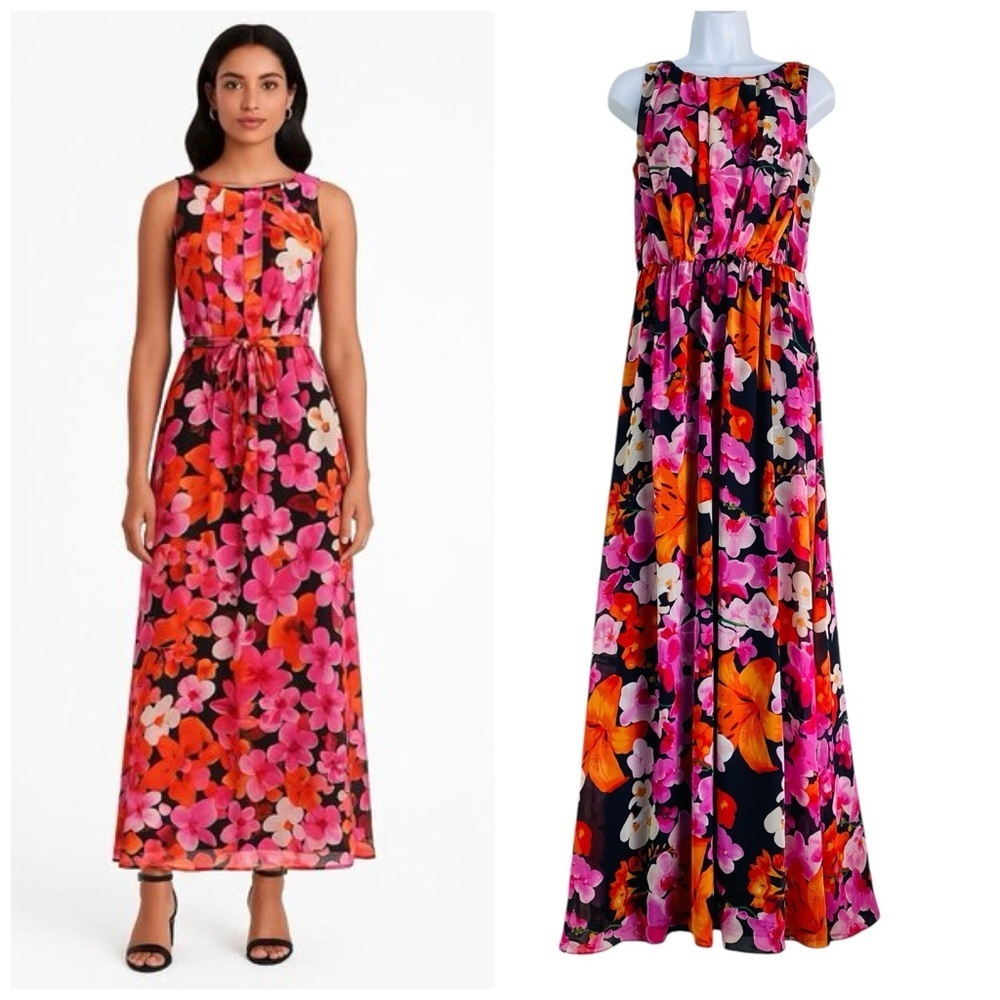 Eliza J Pleated High-neck Floral Chiffon Maxi Dress Size 10